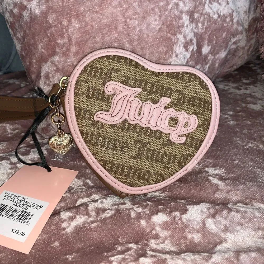 Juicy Couture Brown & Pink Heart Zip Up Pouch Wallet
